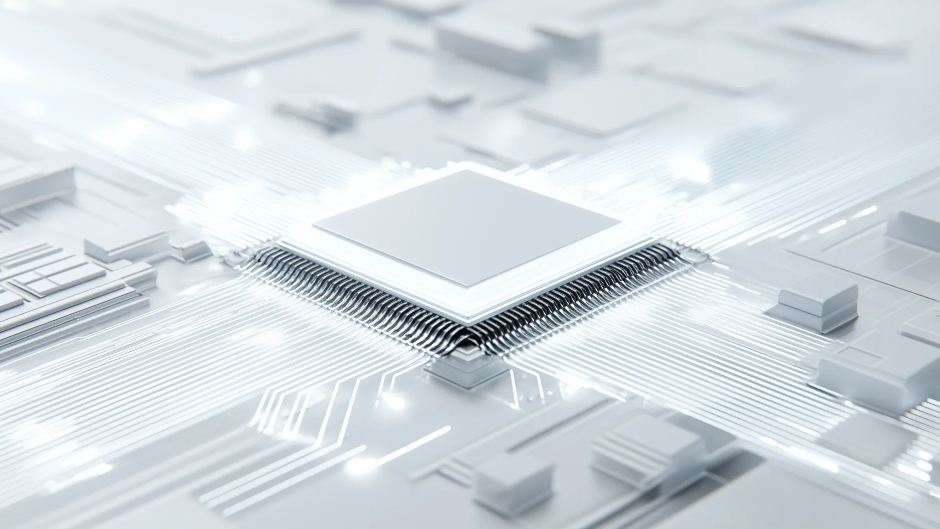 Close-up of a processor chip on a circuit board, rendered in white with glowing traces